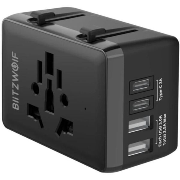 BlitzWolf BW-TA1 4 az 1-ben utazós adapter 2xUSB+USB-C+PD, 20W